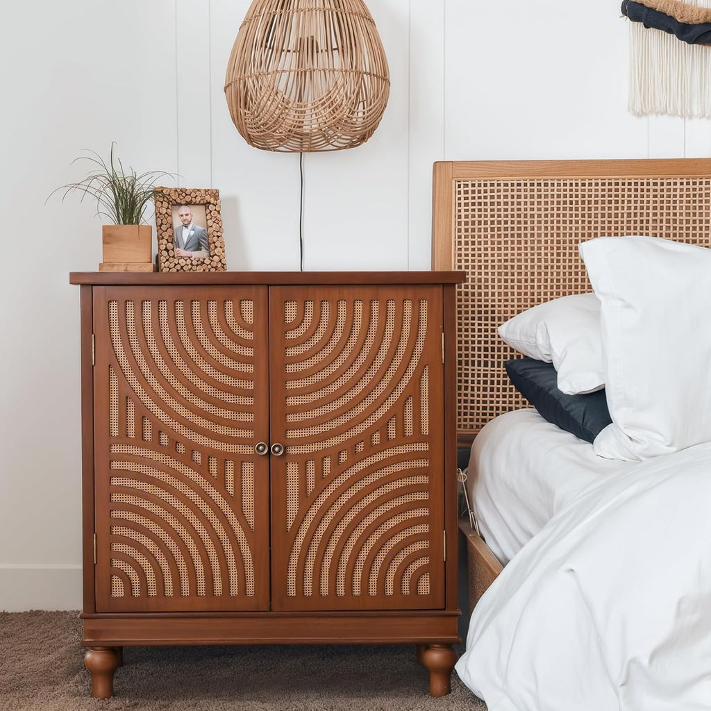 PHI VILLA Accent Cabinet with Door, Small Buffet Sideboard Cabinet with Rattan Door, 2 Door Storage Cabinets