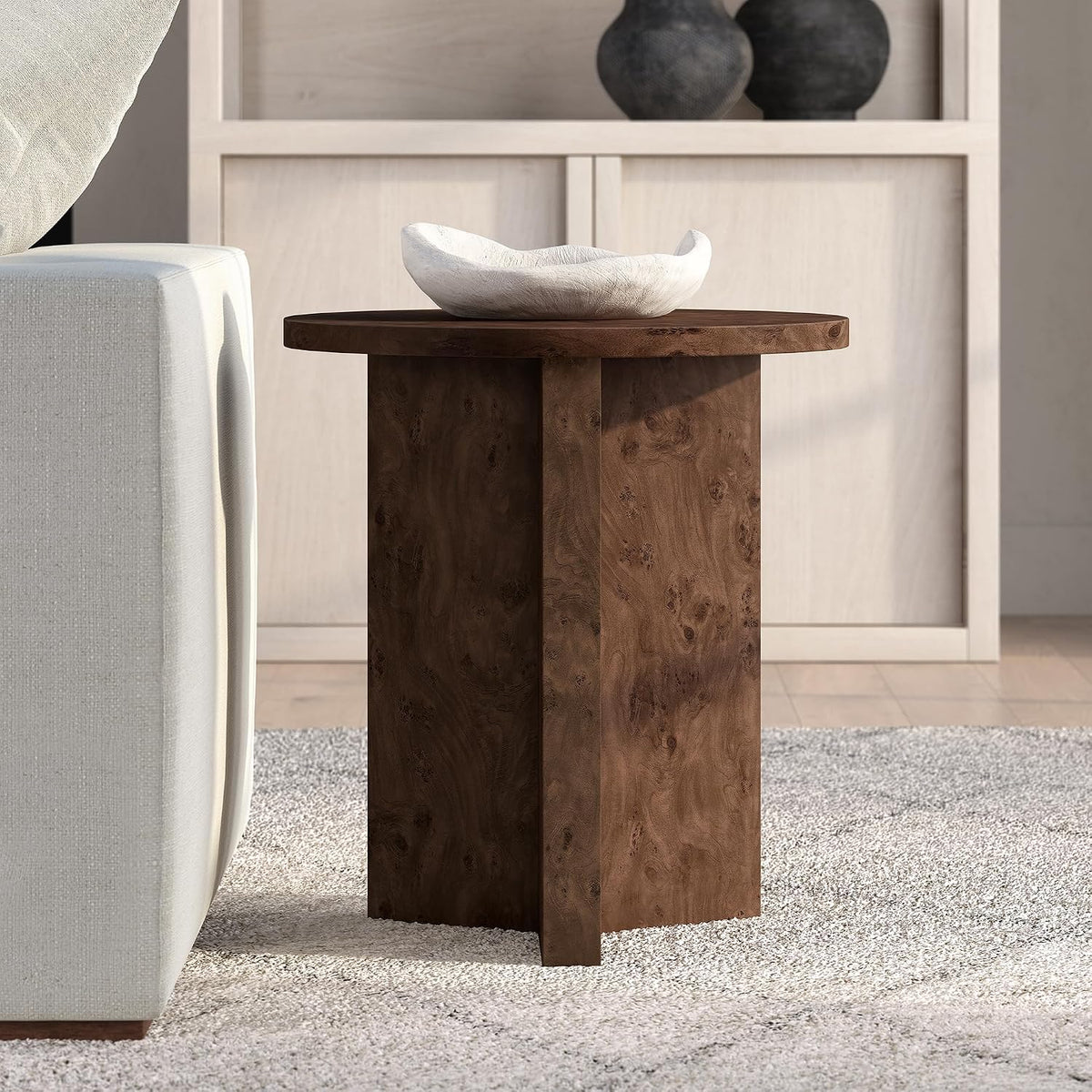 Henn&Hart 20" Scandinavian Round Wooden End Table, Side Table, Nightstand with X-Base for Living Room, Office, Family Room, or Bedroom, Walnut Burl