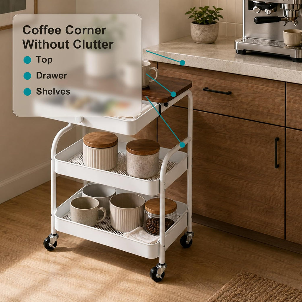 3 Tier Rolling Cart with Hidden Drawer and Wood Top, Small Space Storage Cart with Wheels, Coffee Station Organizer and Side Table Cart for Living Room, Bedroom, Kitchen, White