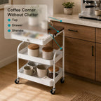 3 Tier Rolling Cart with Hidden Drawer and Wood Top, Small Space Storage Cart with Wheels, Coffee Station Organizer and Side Table Cart for Living Room, Bedroom, Kitchen, White