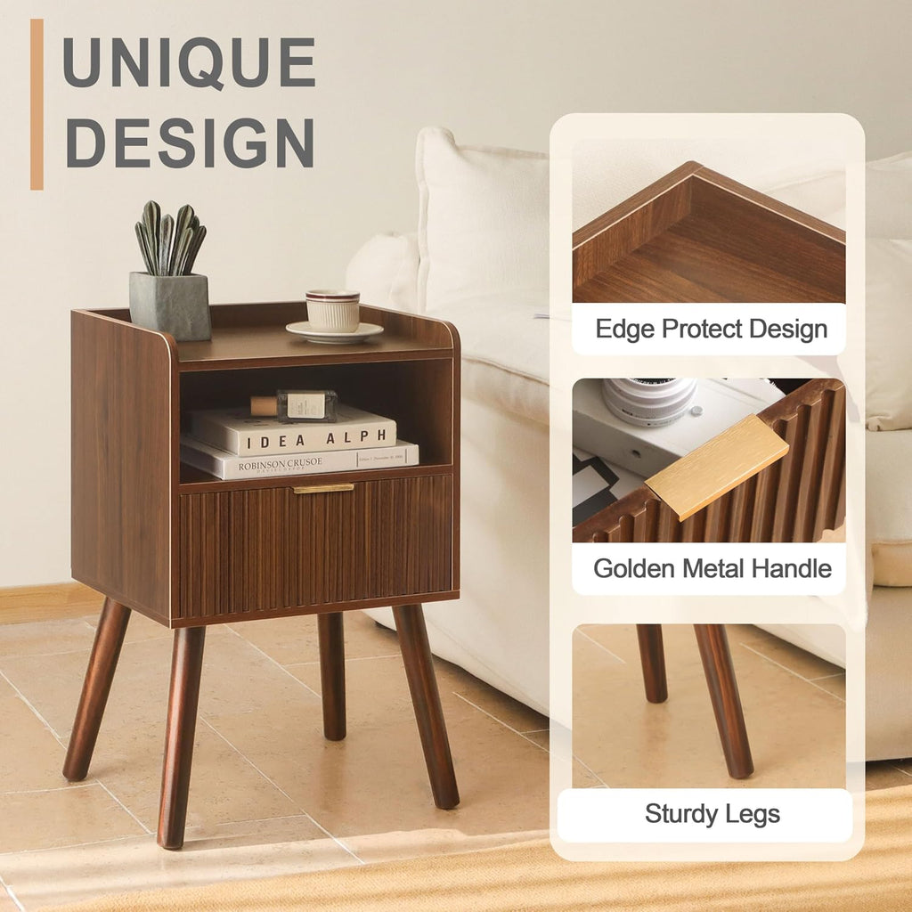 Night Stand, Mid Century Modern Nightstand with Fluted Drawers and Open Shelf, Small Accent Bedside Table for Bedroom, Living Room, and Small Spaces (Walnut Brown)