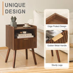 Night Stand, Mid Century Modern Nightstand with Fluted Drawers and Open Shelf, Small Accent Bedside Table for Bedroom, Living Room, and Small Spaces (Walnut Brown)