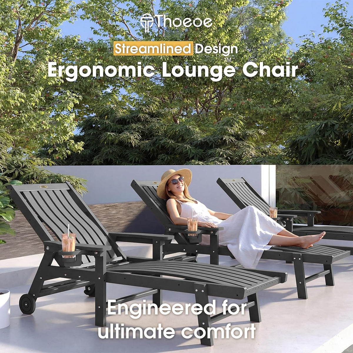 Outdoor Chaise Lounge Chair Set of 2,HDPE lounge chair outdoor with Wheels | Oversized pool lounge chairs with cup holder, 5 adjustable position for patio,outside,pool,deck