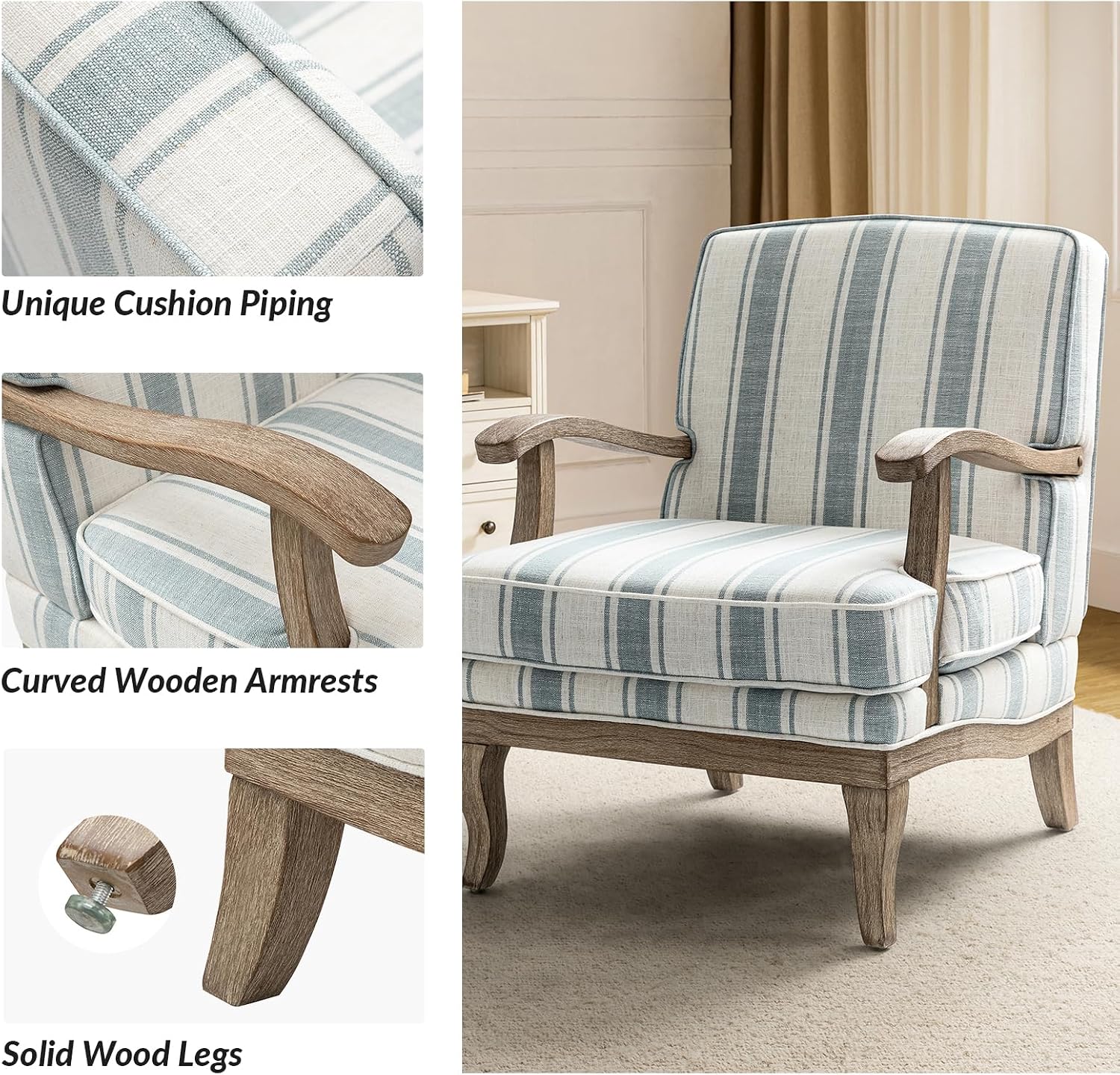 HULALA HOME Farmhouse Striped Accent Chair with Solid Wood Legs, Blue | Comfy Upholstered Patterned Armchair with Curved Armrests, Removable Cushion, for Living Room Bedroom Reading