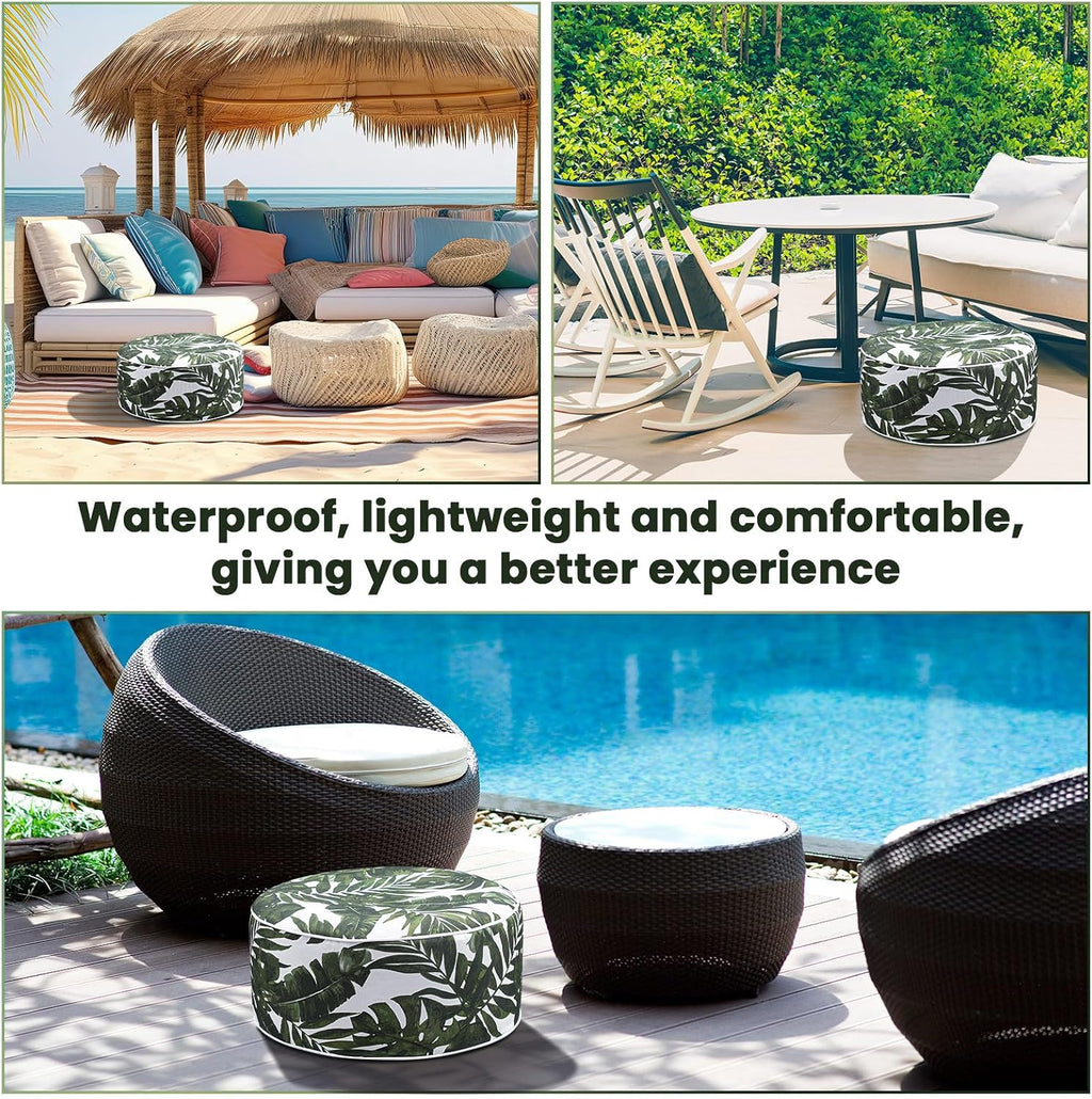 Cinnvoice 2 Pcs Inflatable Outdoor Ottoman Pouf Waterproof Round Footrest with Handle D21 x H9 Inch Indoor Outdoor Portable Footstool for Patio Garden Camping or Home Pool(Leaf)