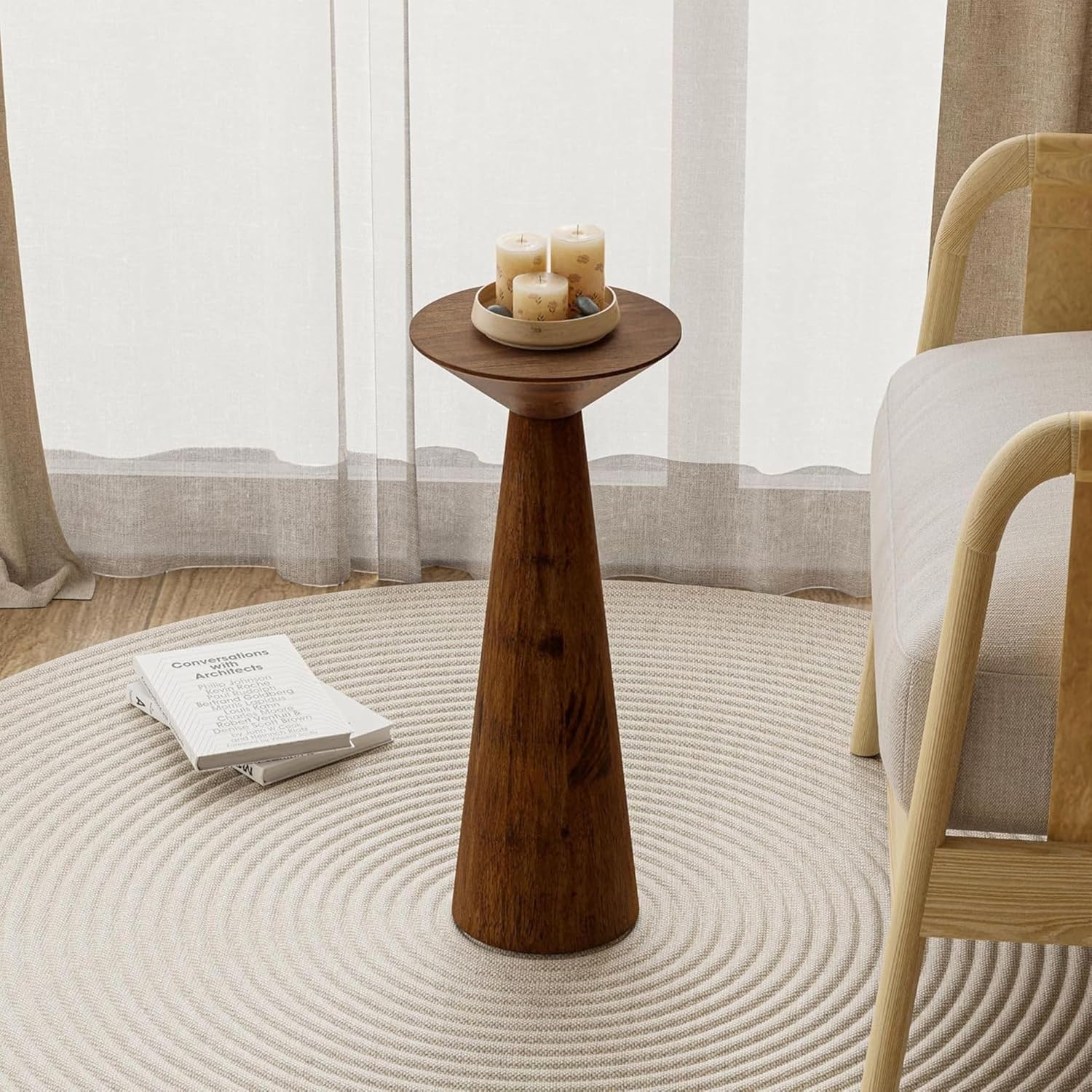 COZAYH Set of 2 22.8-Inch Tall Round Martini End Table, Walnut – Solid Pine Wood Pedestal Accent Drink Stand with Tapered Base – Farmhouse Modern Furniture for Living Room, Bedroom & Small Spaces