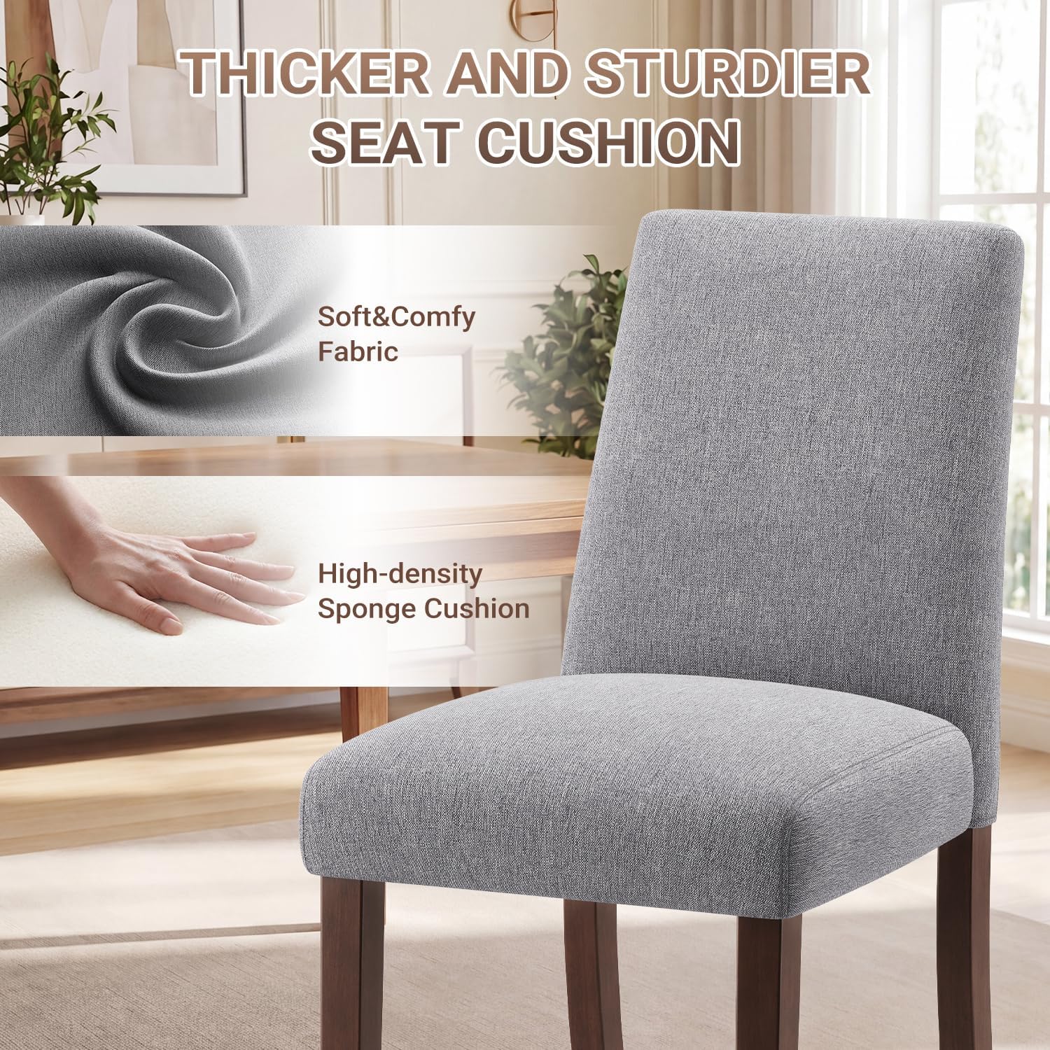 Upholstered Dining Chairs Set of 4, Mid-Century Dining Room Chairs with Wooden Legs, Farmhouse Fabric Parsons Chairs for Small Space Restaurant & Cafe- Gray