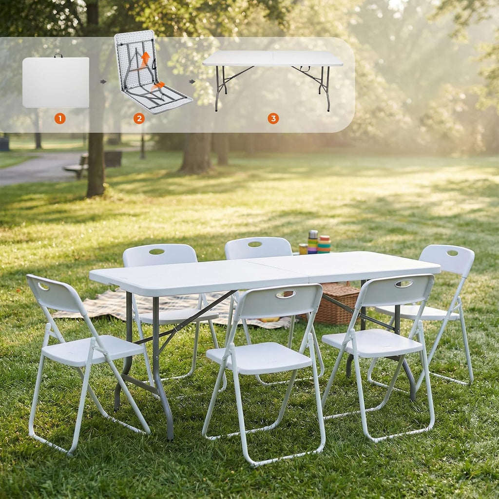 Folding Table and Chairs Set, 6 Foot Foldable Long Plastic Table with 6 Plastic Folding Chairs, Portable Set for Parties, Event, Training, Craft, Wedding, and Commercial Use