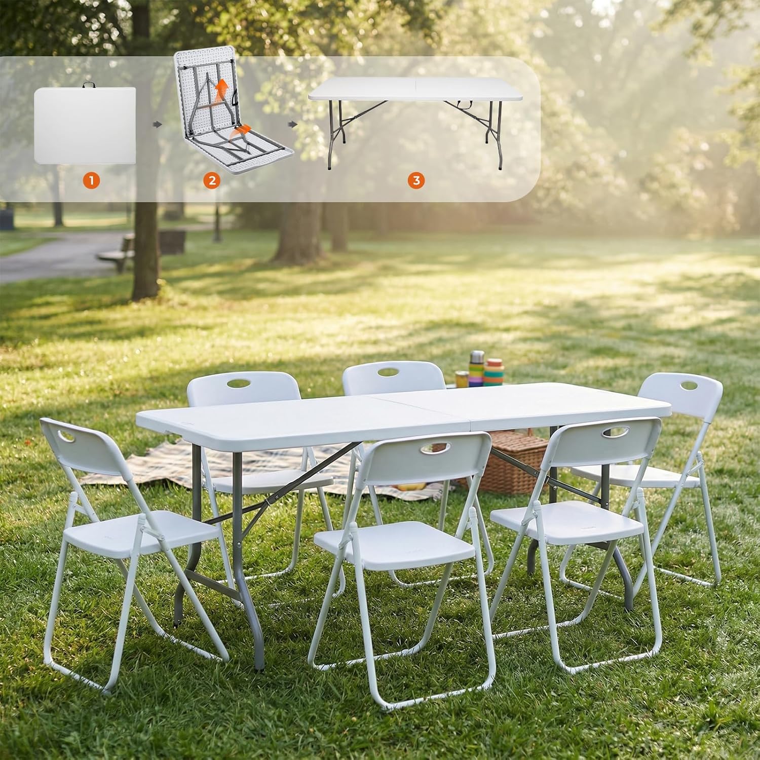 Folding Table and Chairs Set, 6 Foot Foldable Long Plastic Table with 6 Plastic Folding Chairs, Portable Set for Parties, Event, Training, Craft, Wedding, and Commercial Use