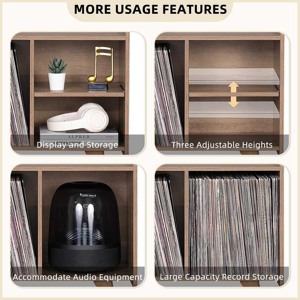 LELELINKY Wide Record Player Stand, 4-Cubby Vinyl Storage Table, Oak Grey | Mid-Century Modern Turntable Stand with Wood Legs, Up to 120 Albums, Vinyl Holder Display Shelf for Bedroom and Living Room