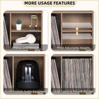 LELELINKY Wide Record Player Stand, 4-Cubby Vinyl Storage Table, Oak Grey | Mid-Century Modern Turntable Stand with Wood Legs, Up to 120 Albums, Vinyl Holder Display Shelf for Bedroom and Living Room