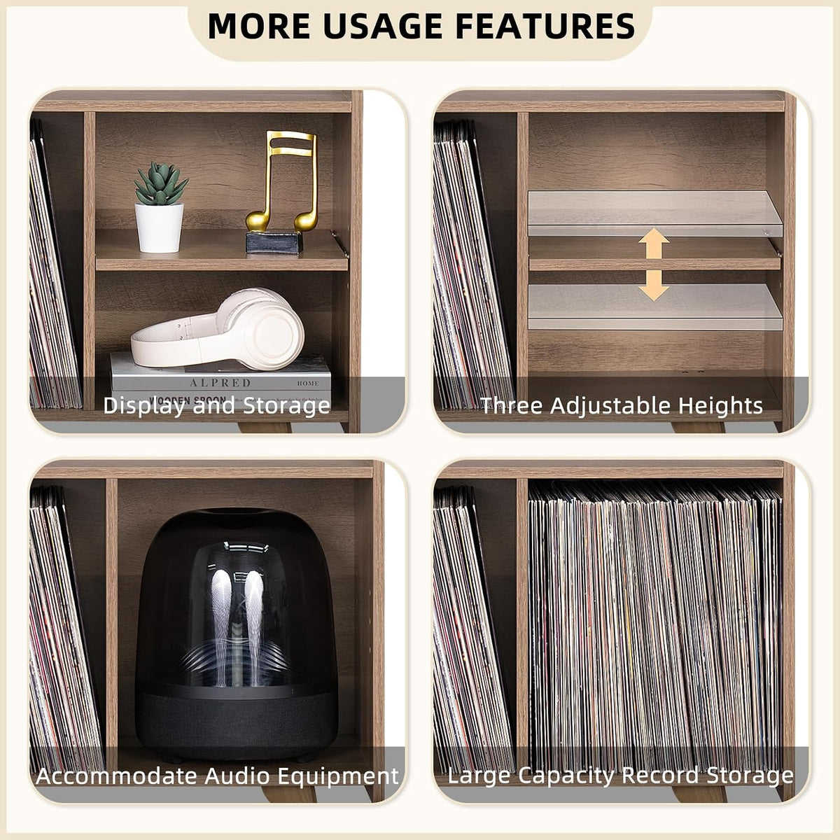LELELINKY Wide Record Player Stand, 4-Cubby Vinyl Storage Table, Oak Grey | Mid-Century Modern Turntable Stand with Wood Legs, Up to 120 Albums, Vinyl Holder Display Shelf for Bedroom and Living Room