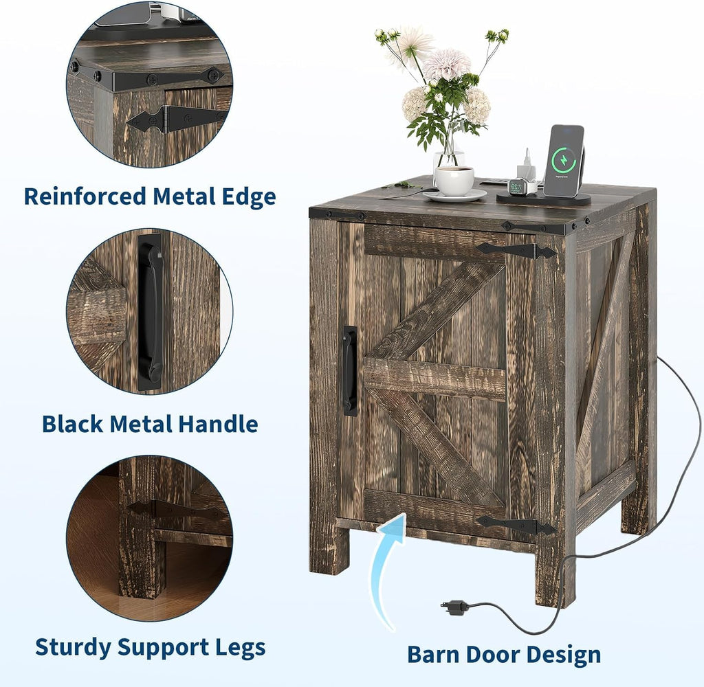 Takywep 18 Inch Nightstand with Charging Station, Farmhouse Wooden Bedside Table with Barn Door and Adjustable Shelf, 2-Tier End Table for Bedroom Living Room, Dark Brown