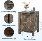 Takywep 18 Inch Nightstand with Charging Station, Farmhouse Wooden Bedside Table with Barn Door and Adjustable Shelf, 2-Tier End Table for Bedroom Living Room, Dark Brown