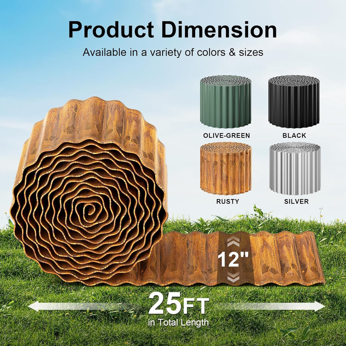 Land Guard Corrugated Garden Edging Border,12" x 25' Landscape Paver Edging, Tall Landscape Edging, Fence for Garden, Flower Bed, Lawn and Landscape Edging (Rusty)