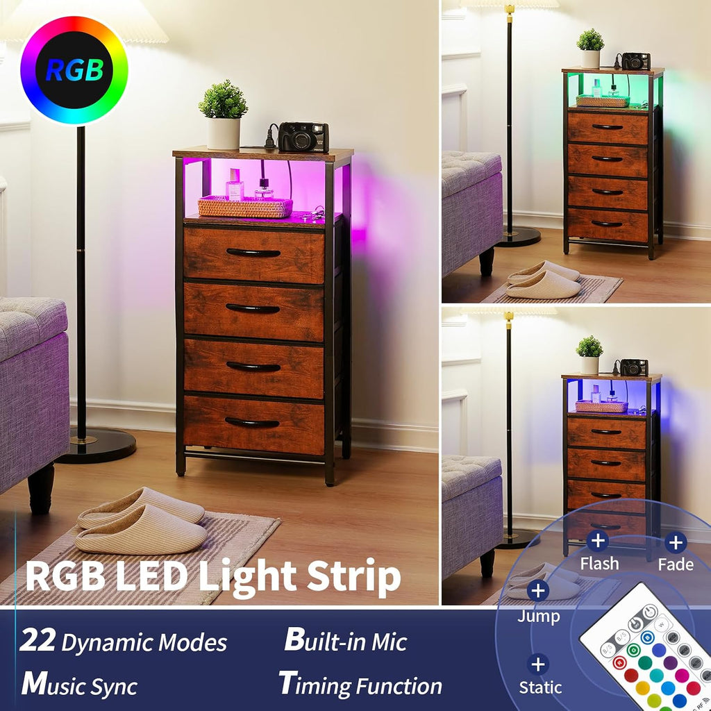 Yoobure Night Stand - LED Rustic Nightstand with Charging Station for Dorm | Bedside Table with 4 Storage Drawers and Storage Shelf, End Table with USB Ports and Outlets, Tall Nightstand for Bedroom