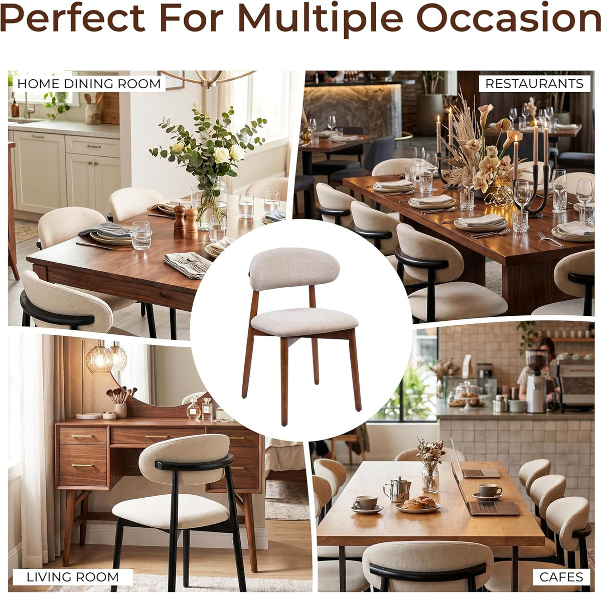 Mid Century Modern Dining Chairs Set of 4, Farmhouse Wooden Fabric Upholstered Kitchen Chairs with Curve Back, Dining Room Chairs for Living Room Restaurant Cafe with Brown Legs, Camel