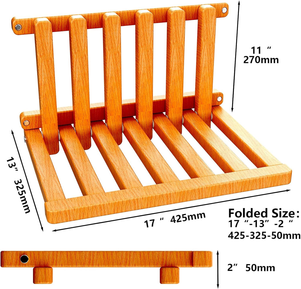 The folding stool is made of beech wood and can withstand 400 pounds. The surface is coated with Transparent paint and polished. Used for changing shoes, showering, folding bedside table(Walnut paint)