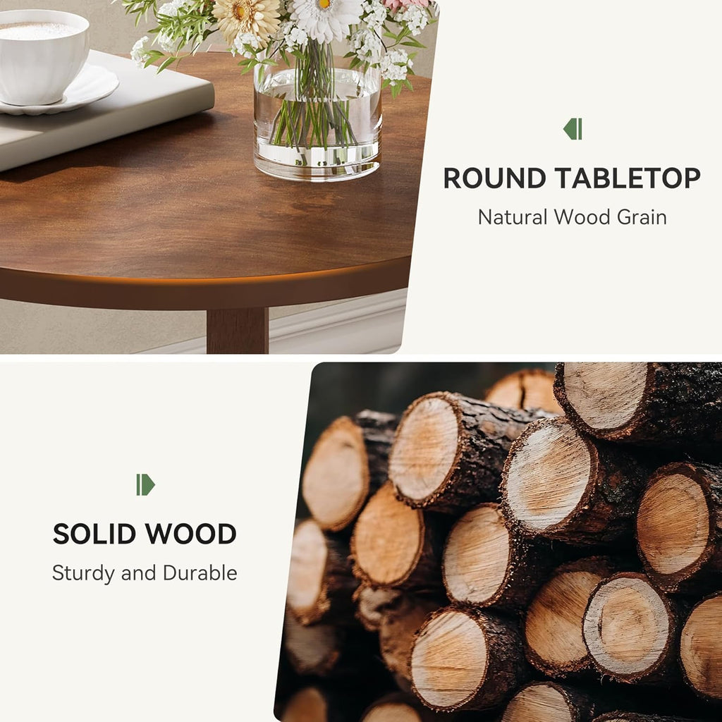 Solid Wood Side Table for Living Room, Small Round End Table with 2-Tier Storage, 19-Inch Wooden Circle Retro Nightstand, Accent Furniture for Small Spaces, Bedroom, Apartment, Brown