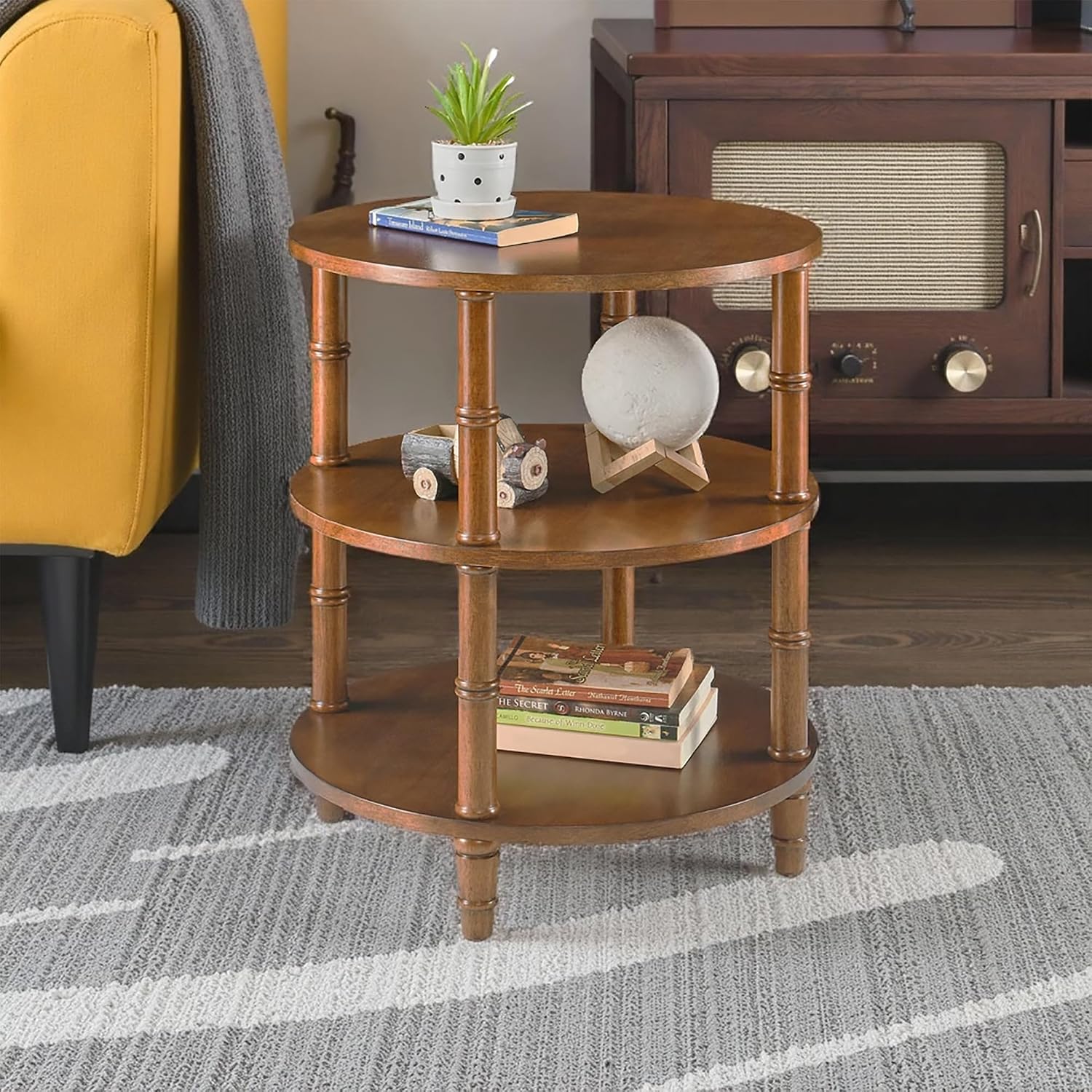 3-Tier Solid Wood Round End Table, Sofa Side Table with Open Storage Shelf Modern Oriental Nightstand Corner Table with Bamboo-Inspired Legs for Living Room Bedroom, Brown, 19.7" D x 23.6" H