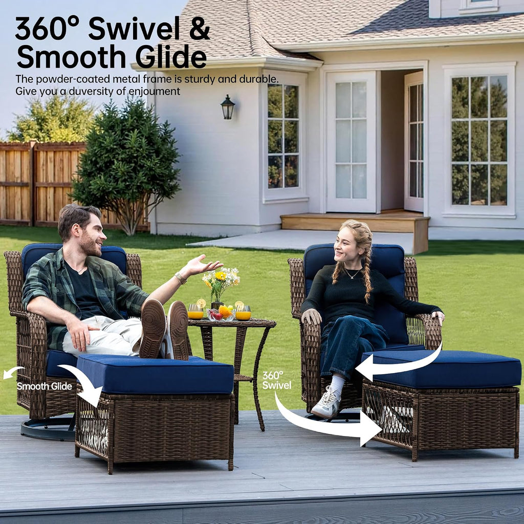 PIZZELLO Outdoor Swivel Rocker Chairs 5 Pieces Wicker Swivel Patio Chair w/Ottomans, Side Table, 5" Extra Thick Cushions and 25" Full Support Back, Patio Furniture Set for Outside Backyard