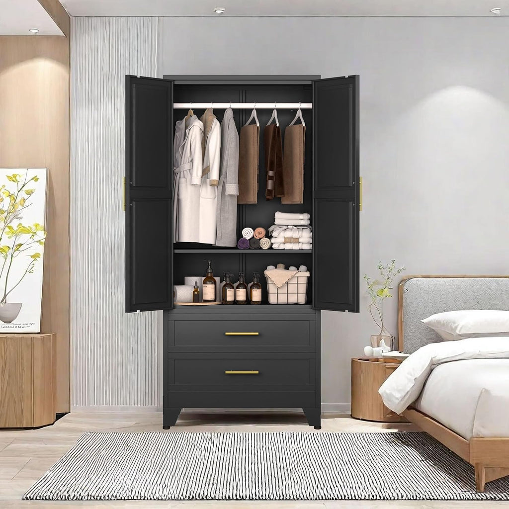 pozdeg 71" Metal Armoire Wardrobe Closet, Tall Clothing Storage Cabinet with Hanging Rods and 2 Drawers, Household Closet Organizers with Adjustable Shelves for Home Office or Gym (Armoire-Black)