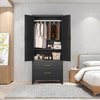 pozdeg 71" Metal Armoire Wardrobe Closet, Tall Clothing Storage Cabinet with Hanging Rods and 2 Drawers, Household Closet Organizers with Adjustable Shelves for Home Office or Gym (Armoire-Black)