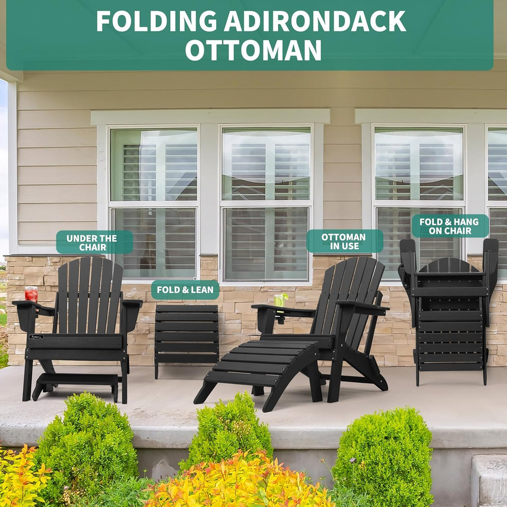 FUNBERRY Folding Adirondack Ottoman Set of 2, HDPE All Weather Outdoor Foot Rest, Easy Storage Patio Footstool, Ottomans and Footstools for Outside