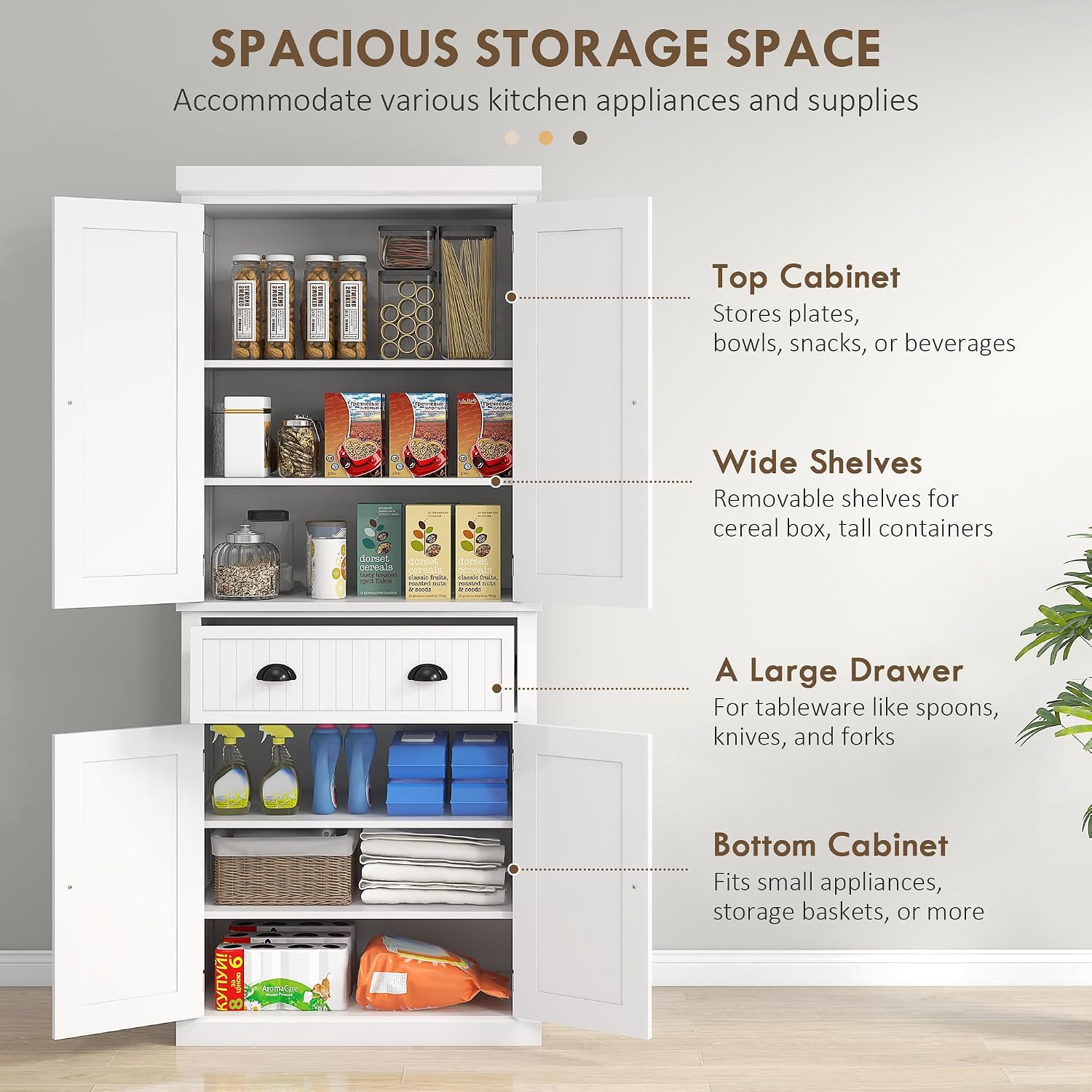 HOMCOM 72" Kitchen Pantry Cabinet Freestanding Tall Storage Cabinet White | Traditional Kitchen Pantry, 4 Doors, Drawer, 3 Adjustable Shelves, for Dining Room
