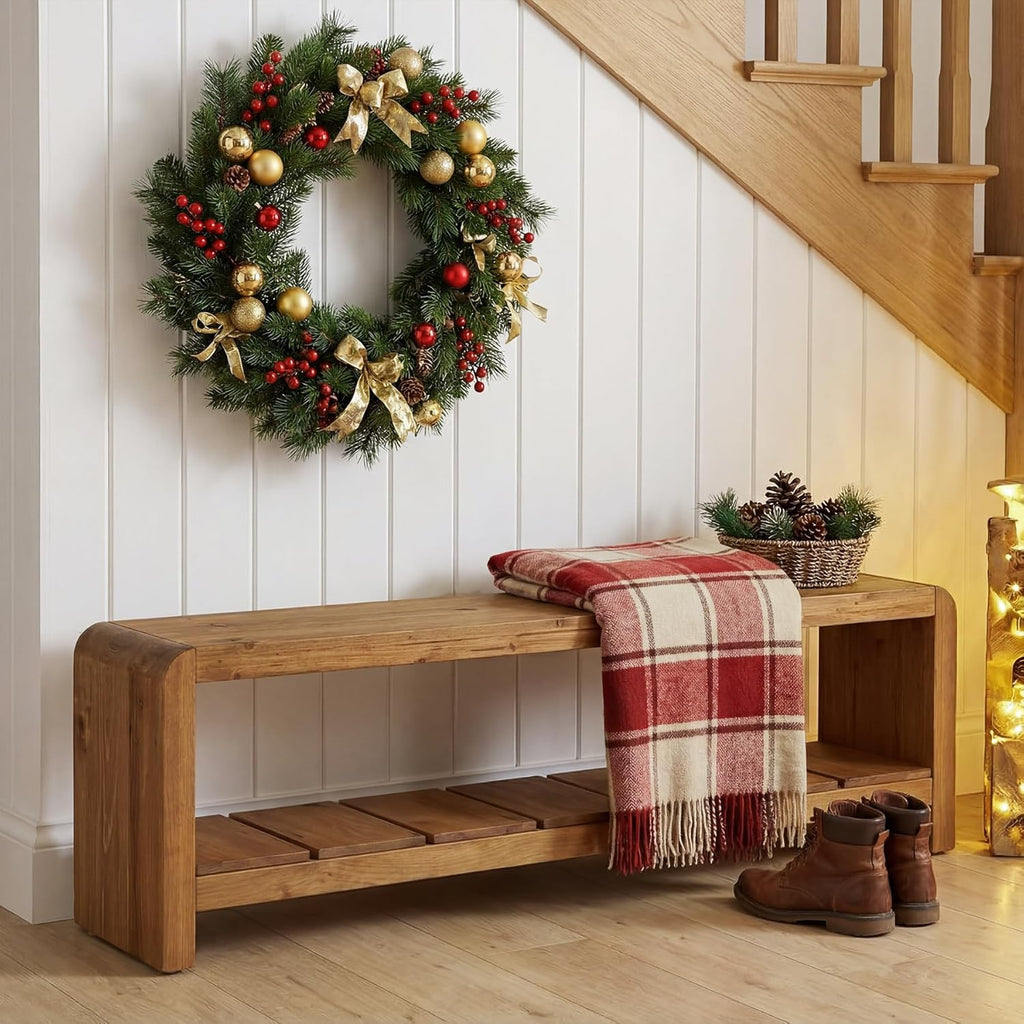 Solid Wood Entryway Bench with Shoe Storage, 59.06-Inch Long Shoe Bench with Open Shelf, Farmhouse End of Bed Seating for Hallway, Foyer, Bedroom, Walnut Brown