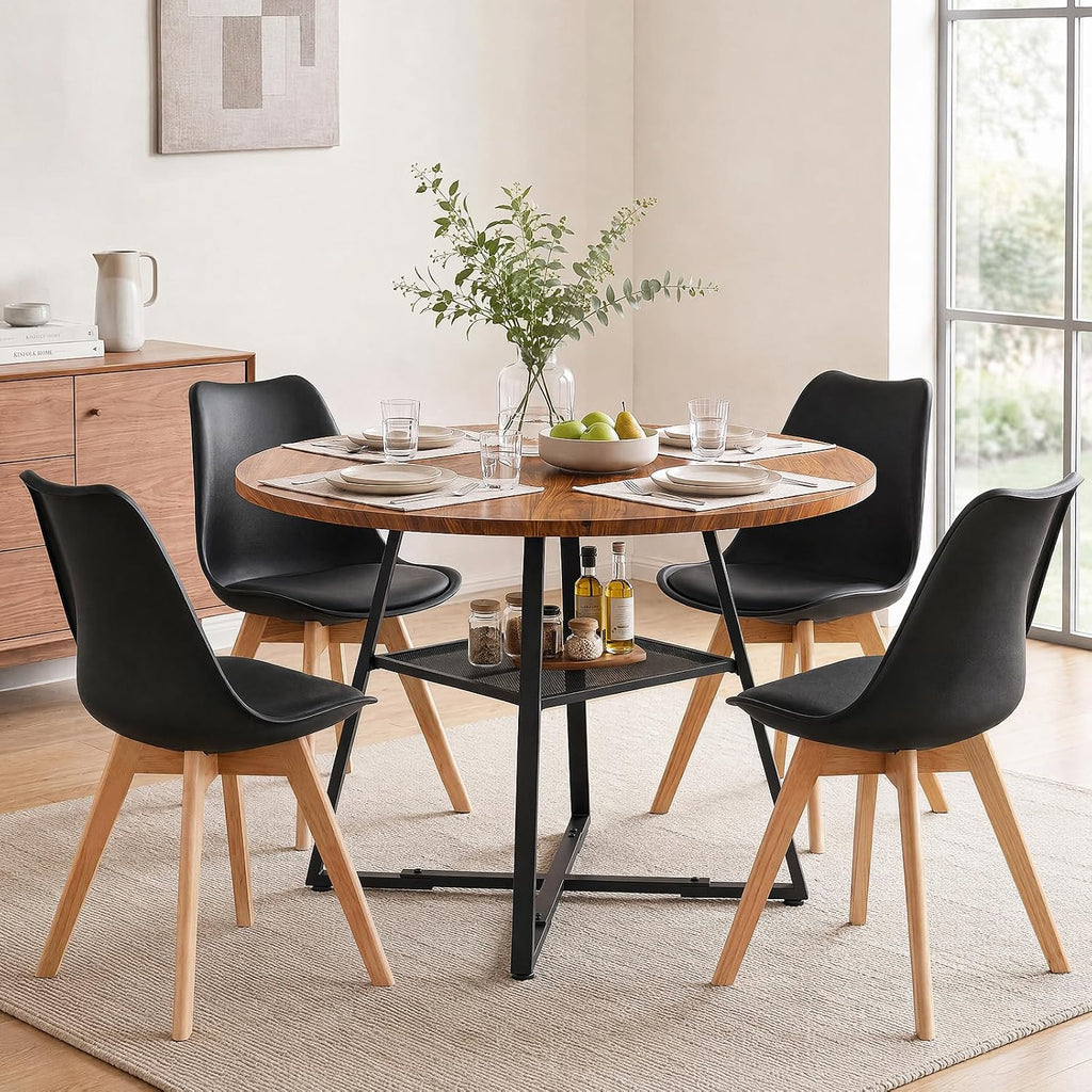 42in Round Dining Table Set for 4, Kitchen Table with Chairs | Circle Table, PU Leather, Metal Cross Base, Storage Shelf, Breakfast Nook, Space-Saving, Apartment, Living Room, Brown Black
