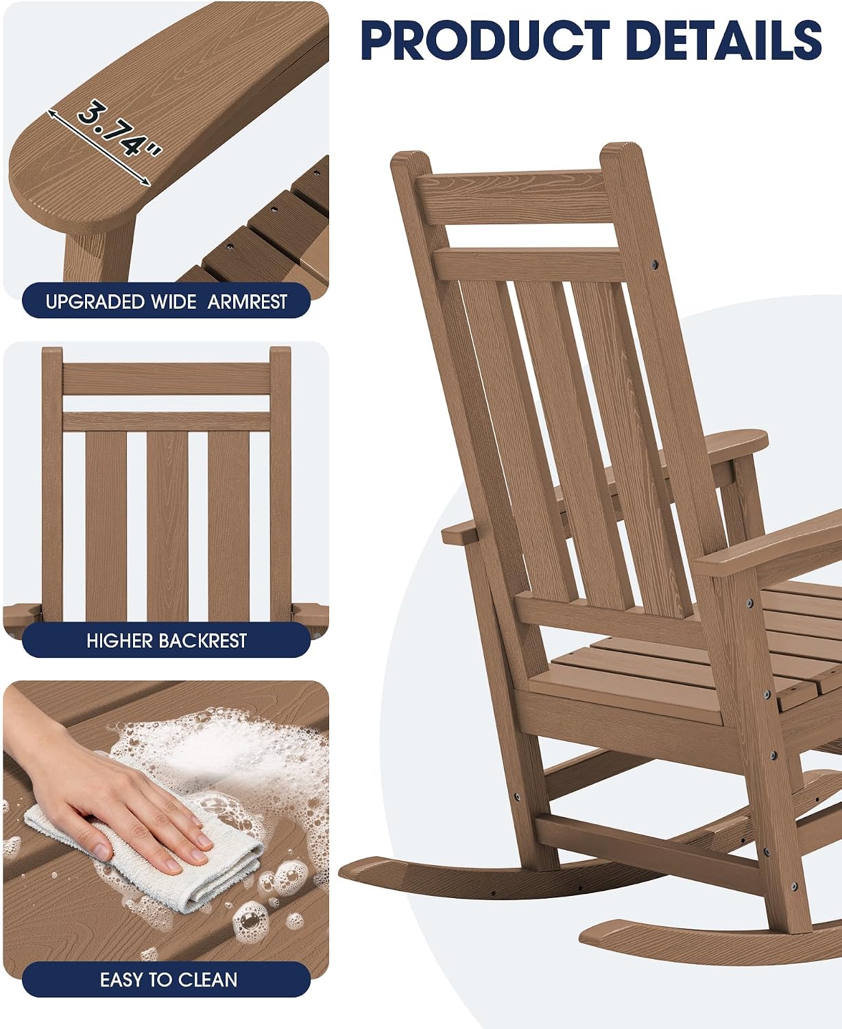 KINGYES Oversized Outdoor Rocking Chair Set of 2, HDPE Patio Rockers, Brown | | All-Weather Patio Rocking Chairs for Porch | High Back & Wide Seat for Garden, Lawn