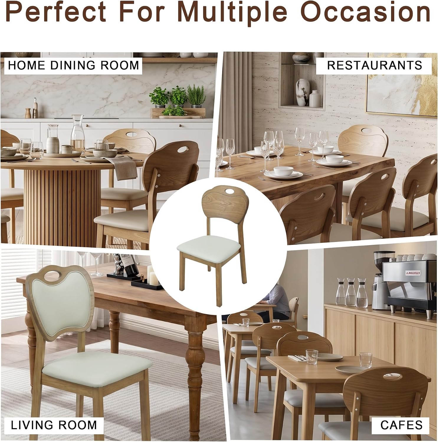 Dining Chairs Set of 6, Modern Upholstered Dining Room Chairs with Faux Leather Seat, Solid Rubber Wood Frame Kitchen Chairs with Ergonomic Curved Backrest