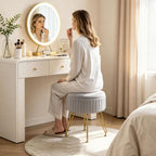 Round Vanity Stool with Storage Ottoman, Vanity Chair for Makeup Room with Removable Cover, Small Footrest Ottoman for Home, Living Room, Bedroom (Grey)