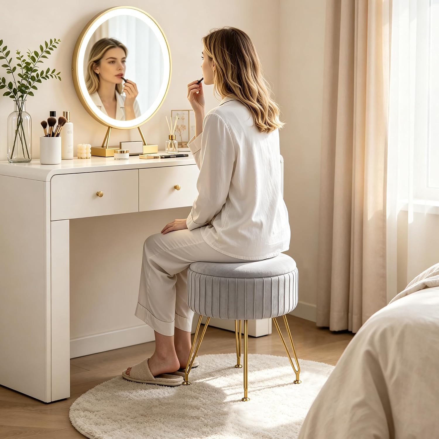 Round Vanity Stool with Storage Ottoman, Vanity Chair for Makeup Room with Removable Cover, Small Footrest Ottoman for Home, Living Room, Bedroom (Grey)
