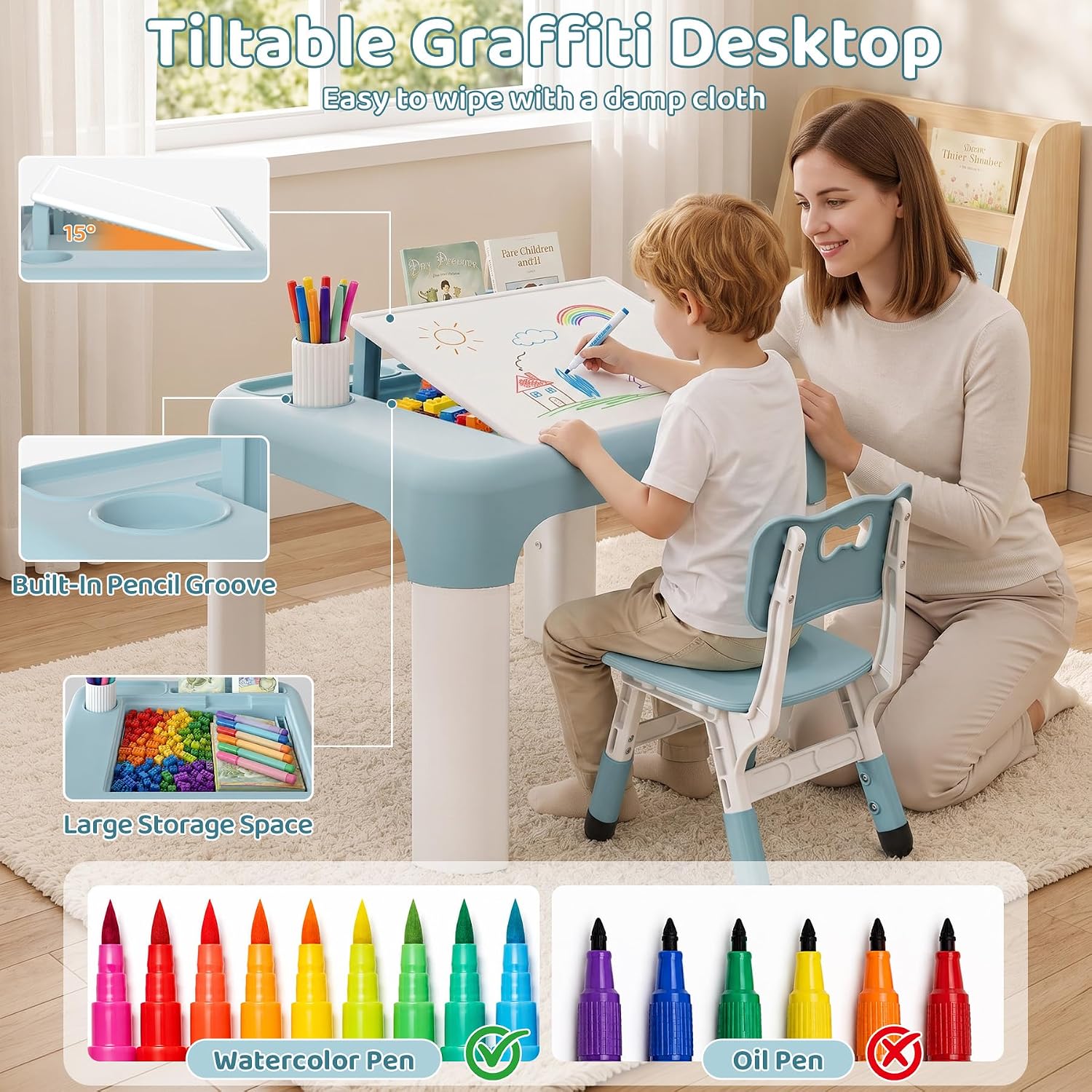 GITAWUSA Kids Table and Chair Set, Tilt Double-Sided, Storage, Grayish Blue | Height Adjustable Graffiti & Blocks Desktop, Toddler Activity Table for Age 3+ , Children Table for Playroom, Daycare, Home