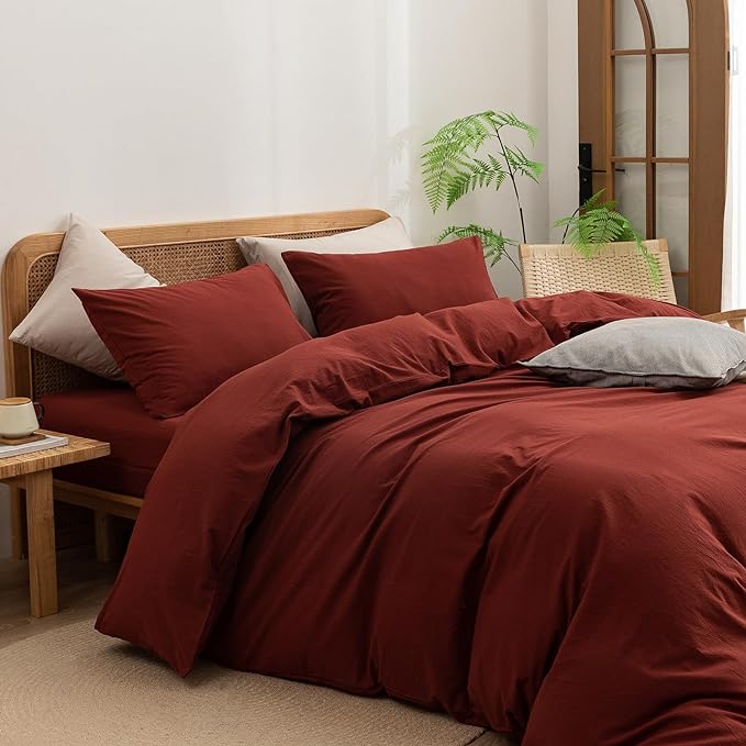 BESTOUCH Duvet Cover Set 100% Washed Cotton Linen Feel Super Soft Comfortable Chic Lightweight 2 PCs Home Bedding Set Solid Fired Brick Red Twin/Twin XL