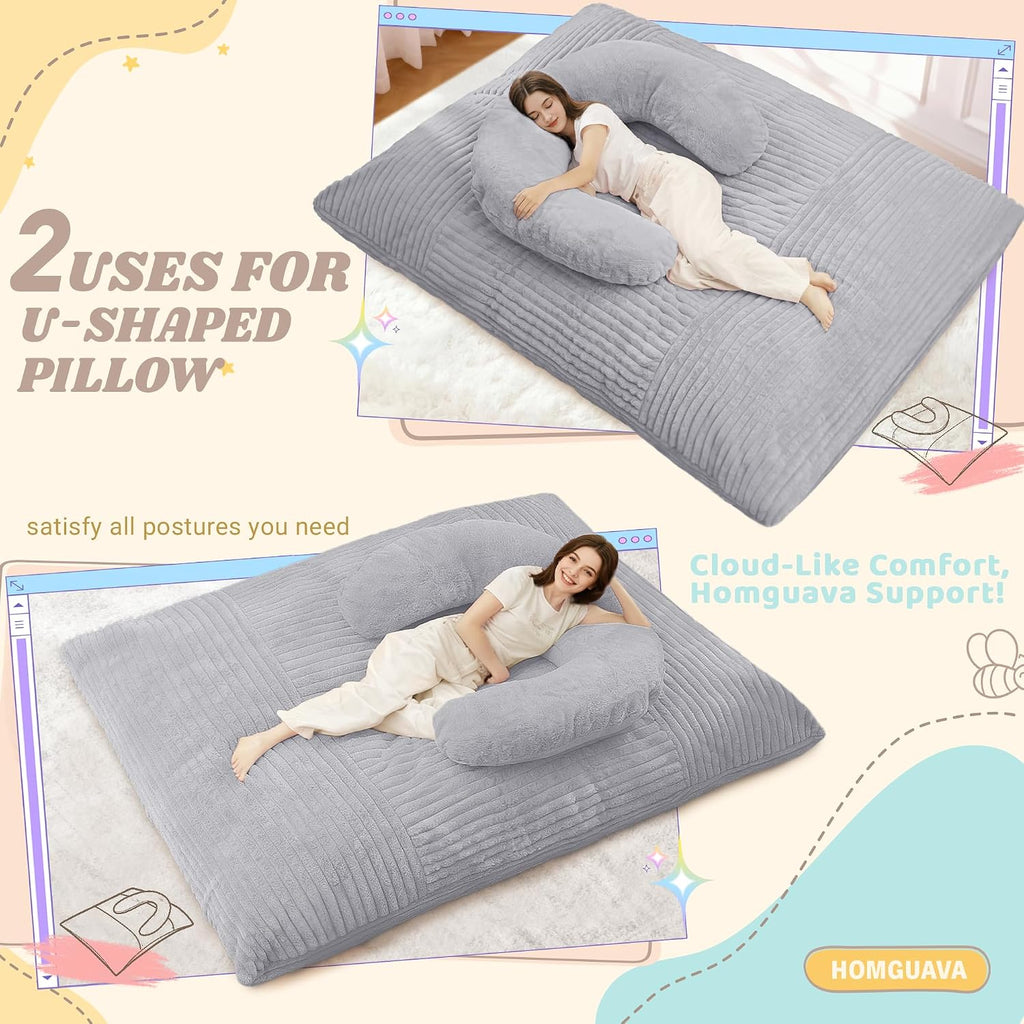 Homguava Giant Bean Bag Chair for Adults with Pillow, 4 in 1 Convertible Floor Cushion for Adluts, Memory Foamed Bean Bag Lounger with Washable Cover for Living Room, Bedroom