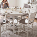 Signature Design by Ashley Round Dining Table Set for 4, Counter Height | 42-inch round table with built-in storage shelves, 4 foam-cushioned light gray barstools, Antique white finish, Erinberg