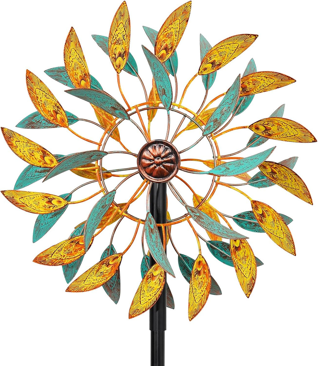 Metal Wind Spinners Outdoor, Kinetic Garden Wndmills,Yard Art Windmill with Metal Stake,Vintage Wind Sculptures & Spinners,Waterproof Pinwheels Large Wind Mill for Patio Lawn Yard Garden (Yellow+Blue)