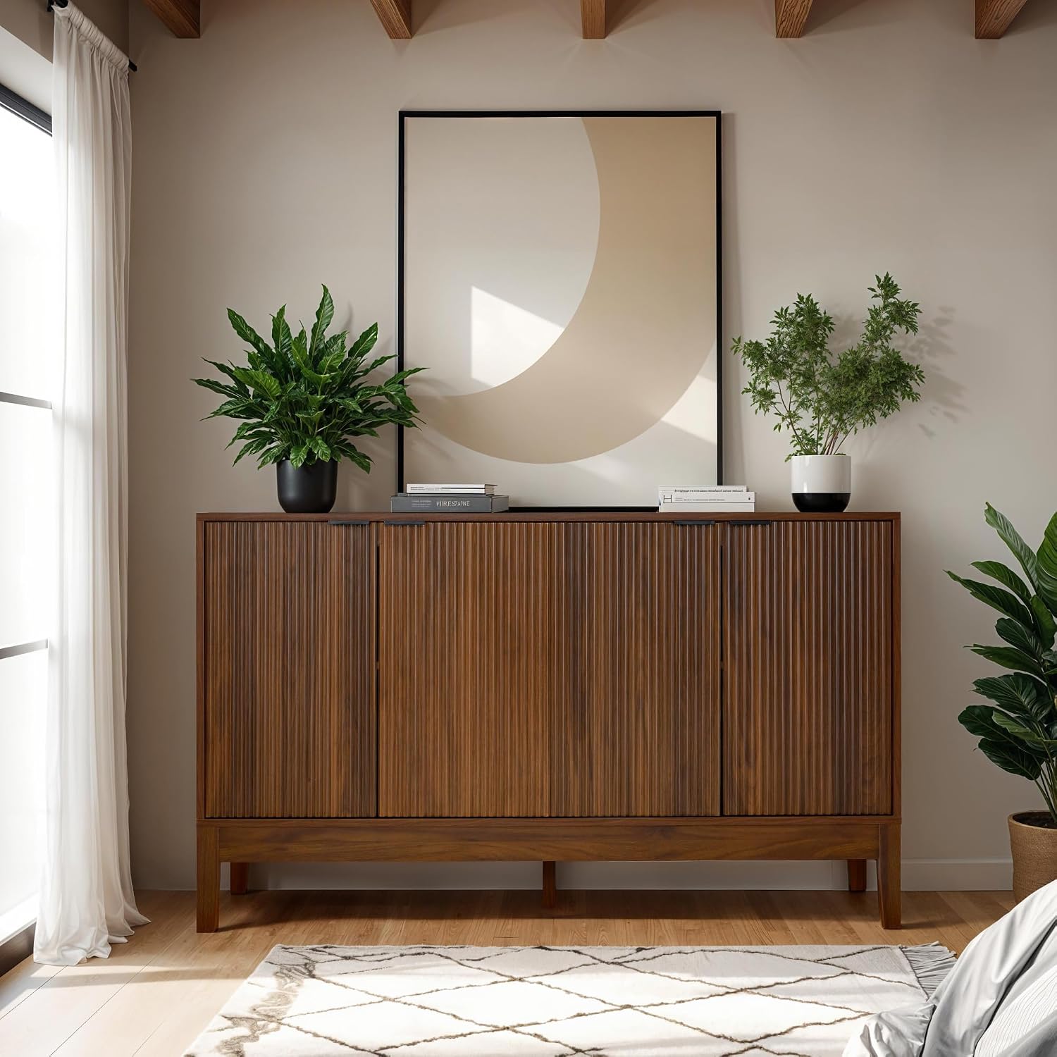 Best Choice Products 55" Modern 4-Door Sideboard Storage Cabinet, Buffet, Media Cabinet, Cupboard, Entryway Accent Table, Bookcase w/Reed Panels and Adjustable Shelves – Walnut