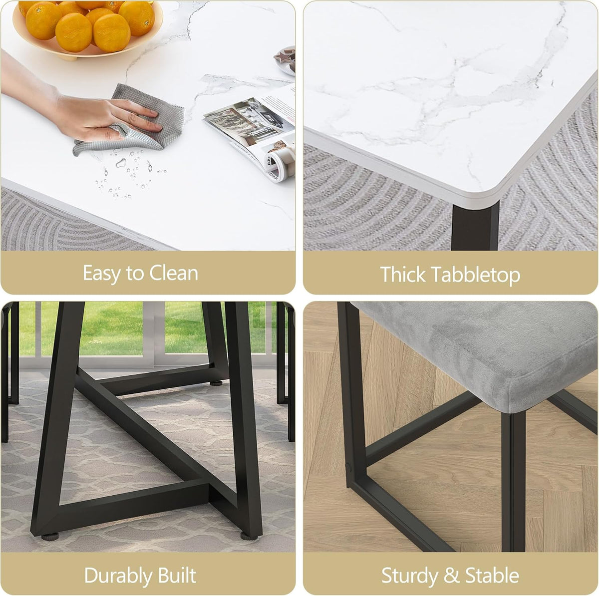 5-Piece Dining Table Set for 4, Modern Faux 47.24" Marble Kitchen Table with 4 Velvet Chairs, Stylish Small Dining Table Set for Apartments & Small Spaces
