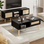 Wood Coffee Table with Storage, Boho Dining Table with Sliding Rattan Door Panel and Solid Wood Legs, Small Coffee Tables for Living Room, Oak (Black_LSJ008)