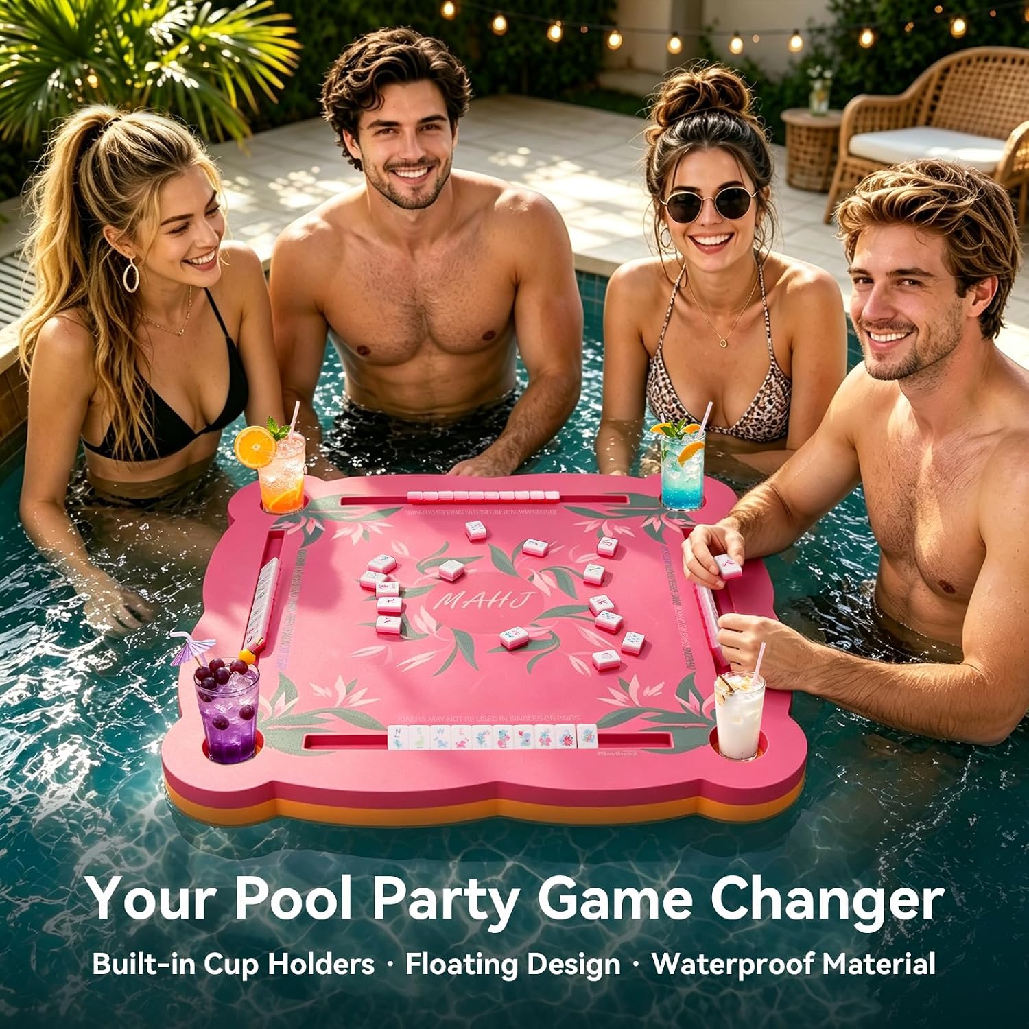 Luxury Floating Mahjong Table for Pool,31.5" EVA Foam Pool Float Board Game Tray with Cup Holders & Tile Slots, American Mahjong Summer Party Supplies (Orchid Bloom Series)(Rose Pink)