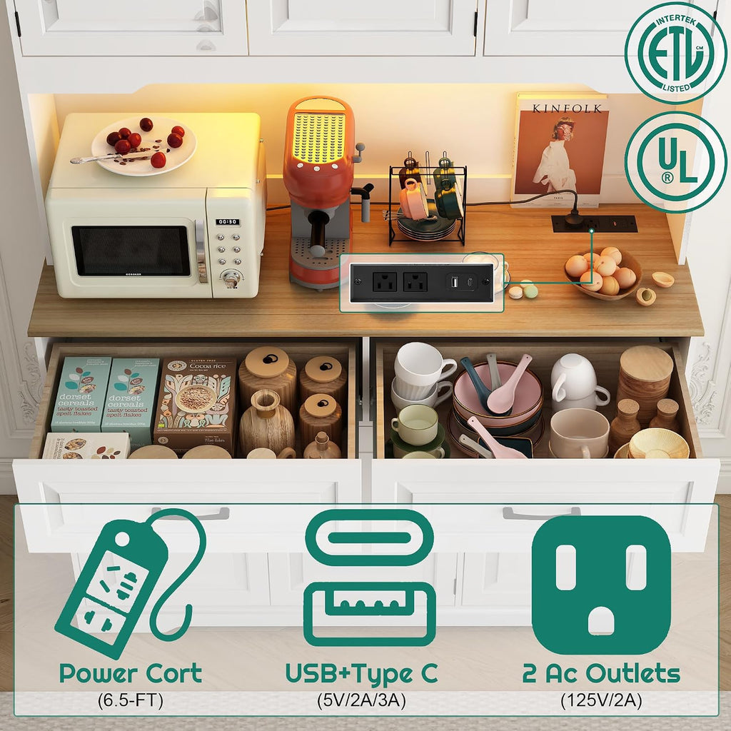 71" Tall 47" Wide Large Pantry Storage Cabinet w/ Power Outlet,LED Light,Farmhouse Kitchen Hutch Food Pantry Cabinet,2 Drawer,8 Doors Shelves,Open Countertop for Kitchens,Dining Room,white
