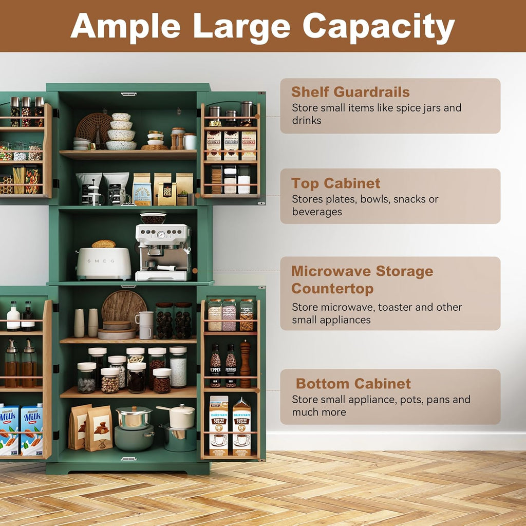 HLR 72" Kitchen Pantry Storage Cabinet with Open Countertop, Freestanding Larder Cupboard with Microwave Stand, Utility Laundry Room Storage Cabinet with Doors and Shelves for Dining Room, Living Room