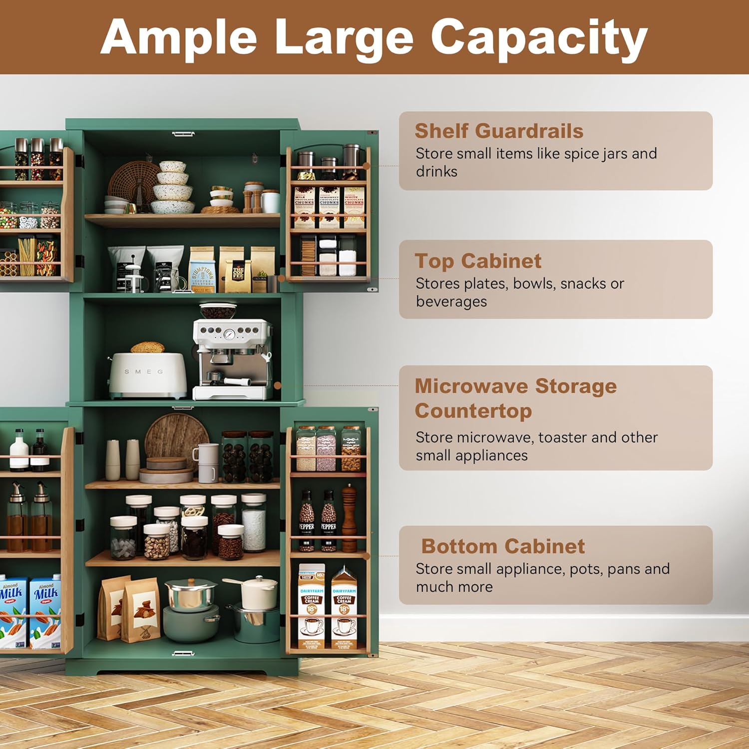 HLR 72" Kitchen Pantry Storage Cabinet with Open Countertop, Freestanding Larder Cupboard with Microwave Stand, Utility Laundry Room Storage Cabinet with Doors and Shelves for Dining Room, Living Room
