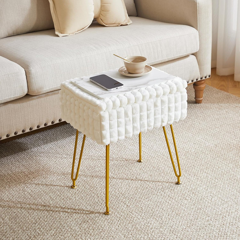 IBUYKE Rectangle Vanity Chair Ottoman, Footrest Stool, White WBD004W | Storage Space Footstool Vanity Stool Dressing Table Chair Anti-Slip Feet Makeup Room Bedroom Square Grid Pattern