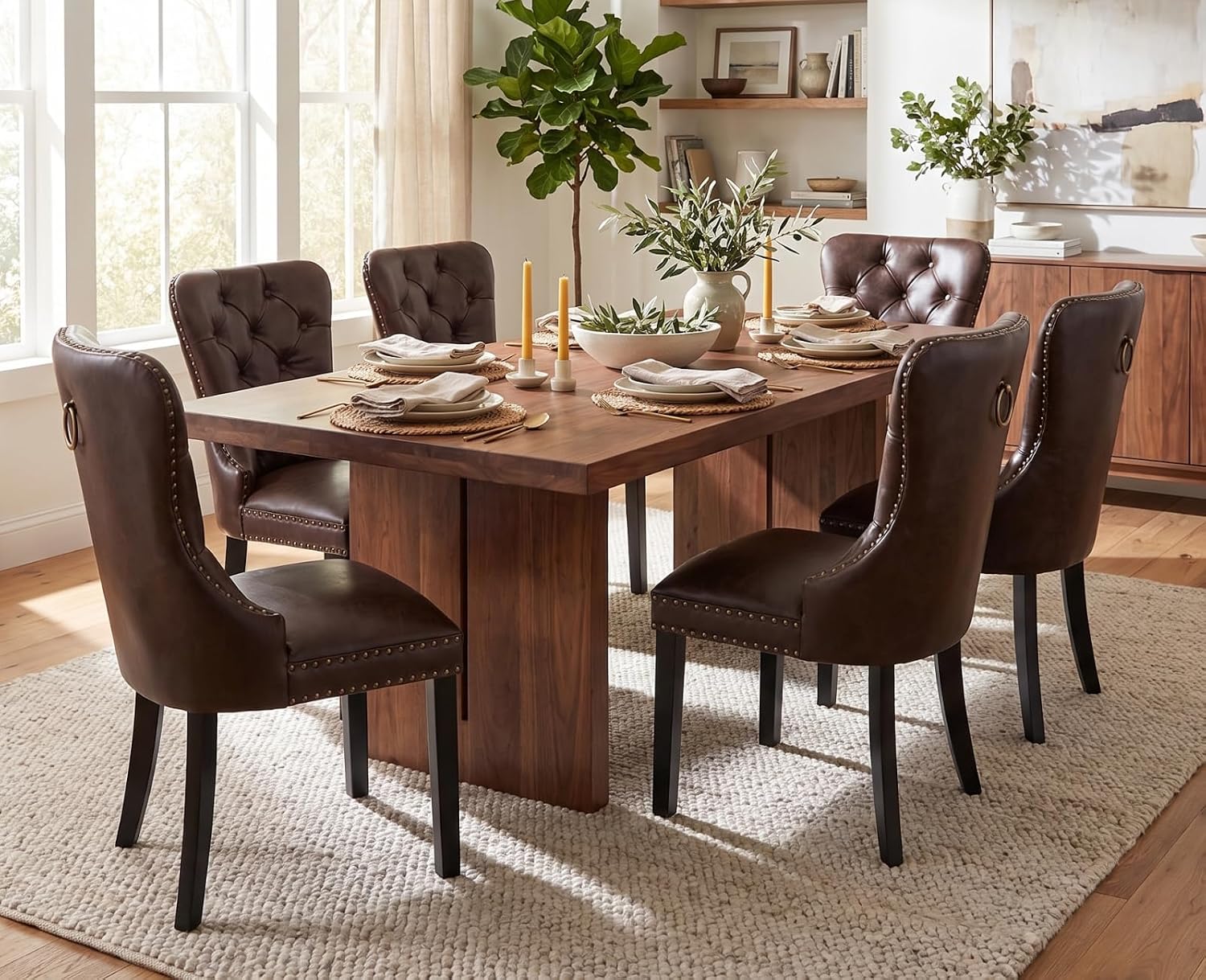 EALSON Modern Dining Chairs Set of 2 Mid Century Leather Dining Room Chairs with Wood Legs Tufted Upholstered Kitchen Side Chairs with Nail Head Trim for Dining Room/Living Room, Coffee with Ring