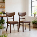 Livinia Bay Dining Chair Set of 2, Solid Malaysian Oak PU Leather Upholstered Cushion Seat, Curved Back Side Chairs (Walnut)